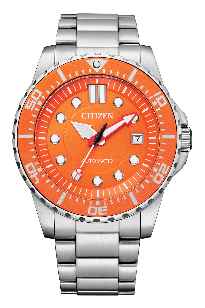 Citizen Mechanical Automatic Orange Dial Silver Steel Strap Watch for Men - NJ0128-80X