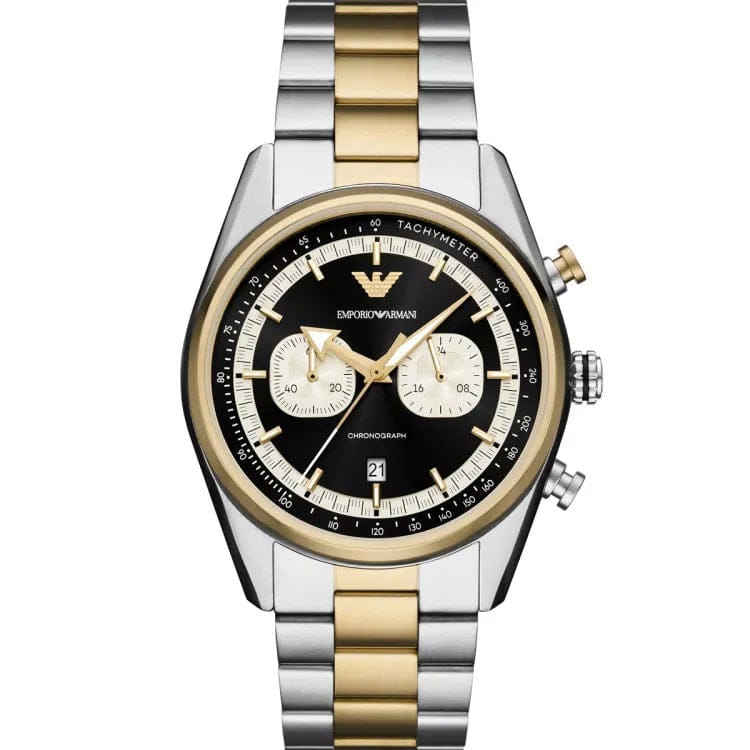 Emporio Armani Racer Chronograph Black Dial Two Tone Steel Strap Watch for Men - AR11678