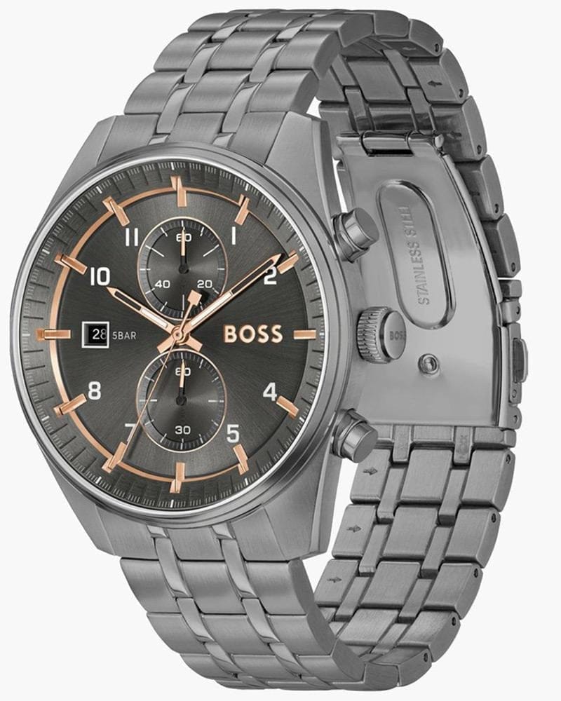 Hugo Boss Skytraveller Chronograph Gunmetal Grey Dial Grey Steel Strap Watch for Men - 1514153