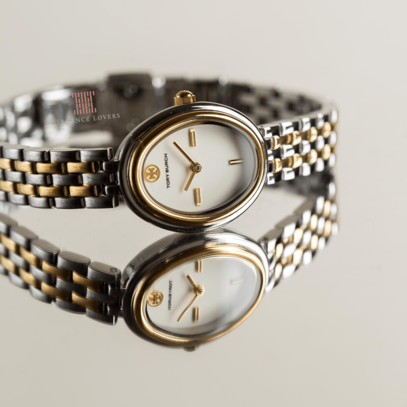 Tory Burch Oval White Dial Two Tone Steel Strap Watch for Women - TBW6033