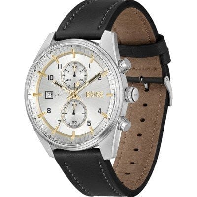Hugo Boss Skytraveller Chronograph Silver Dial Black Leather Strap Watch for Men - 1514147