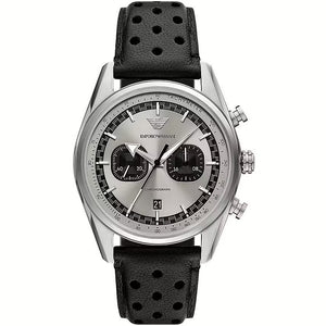 Emporio Armani Racer Chronograph Silver Dial Black Leather Strap Watch for Men - AR11677