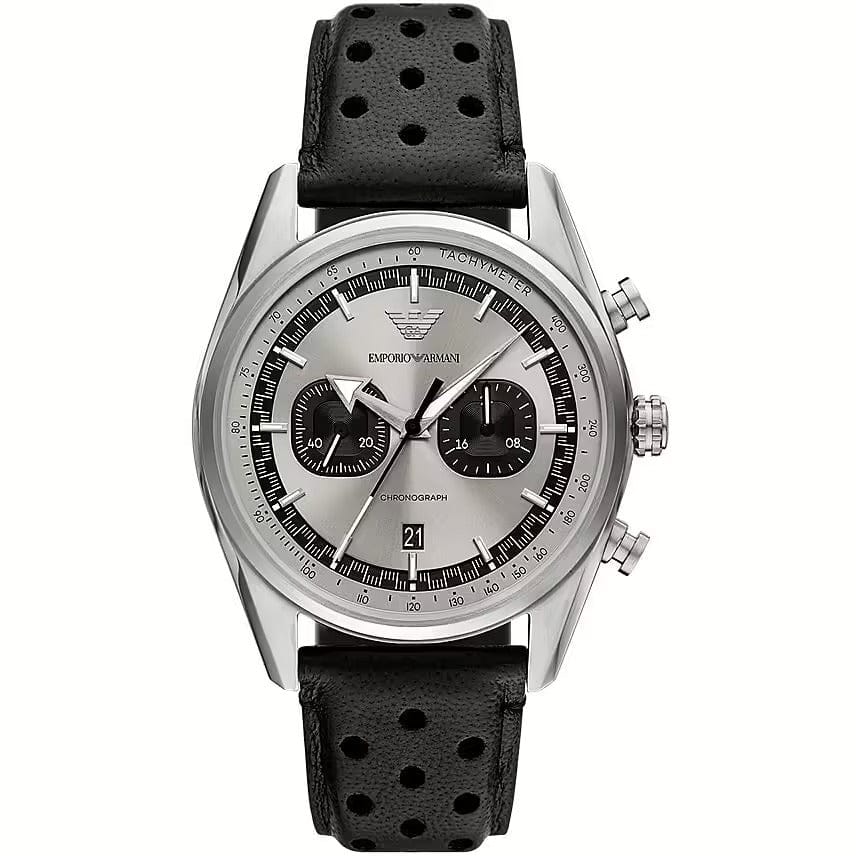 Emporio Armani Racer Chronograph Silver Dial Black Leather Strap Watch for Men - AR11677