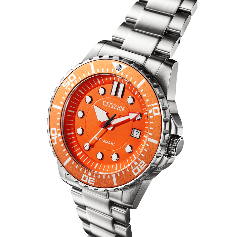 Citizen Mechanical Automatic Orange Dial Silver Steel Strap Watch for Men - NJ0128-80X