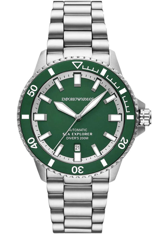 Emporio Armani Sea Explorer Green Dial Silver Steel Strap Watch for Men - AR60088