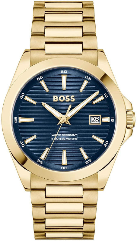 Hugo Boss Strike Blue Dial Gold Steel Strap Watch for Men - 1514172
