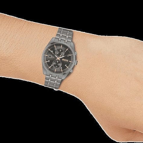 Hugo Boss Skytraveller Chronograph Gunmetal Grey Dial Grey Steel Strap Watch for Men - 1514153