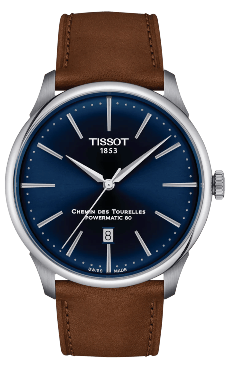 Tissot Chemin des Tourelles Automatic Powermatic 80 Blue Dial Brown Leather Strap Watch for Men - T139.407.16.041.00