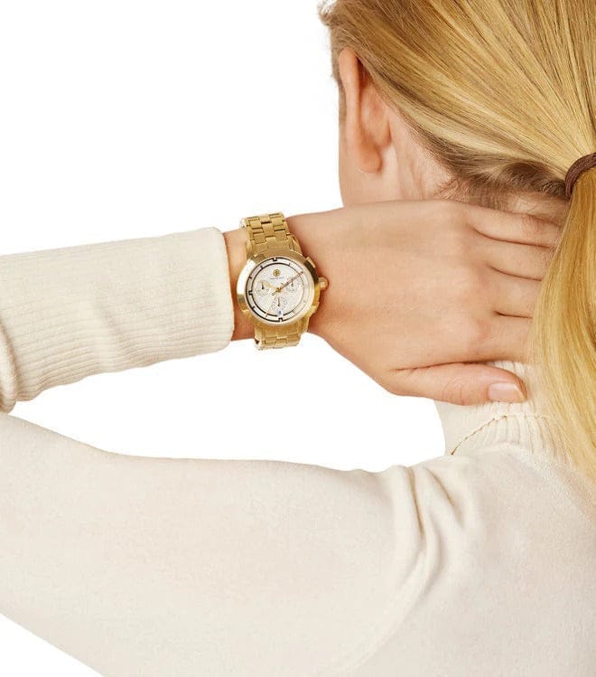 Tory Burch Classic Chronograph White Dial Gold Steel Strap Watch for Women - TBW1032
