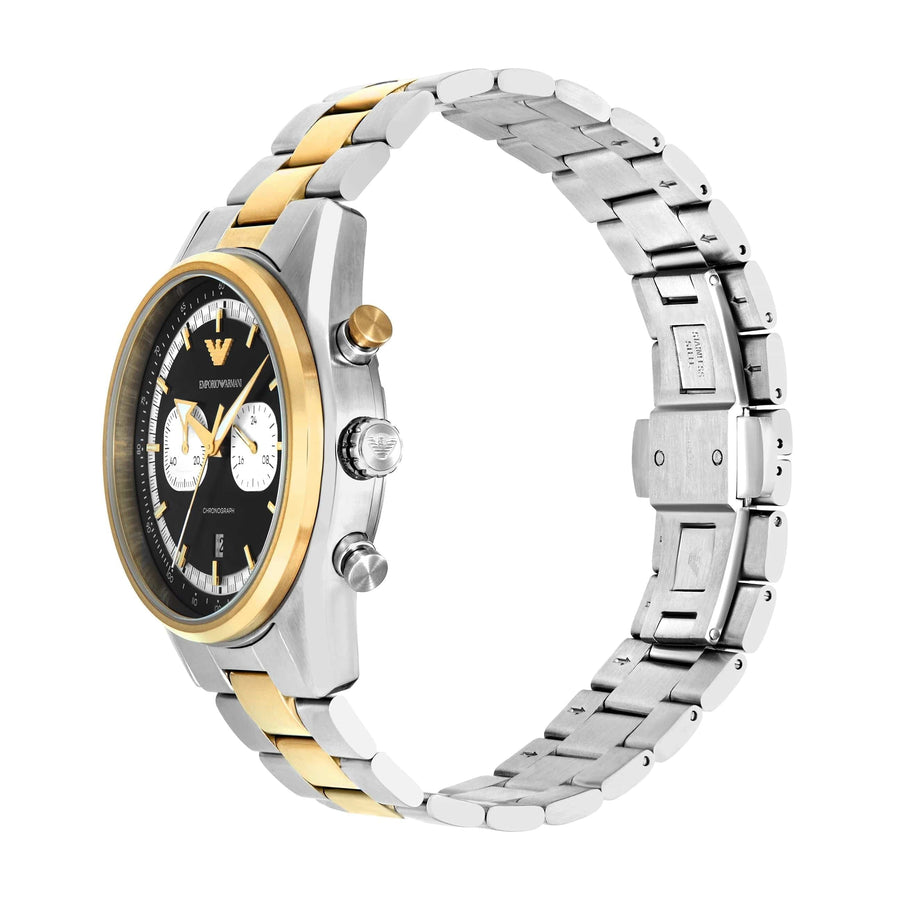 Emporio Armani Racer Chronograph Black Dial Two Tone Steel Strap Watch for Men - AR11678
