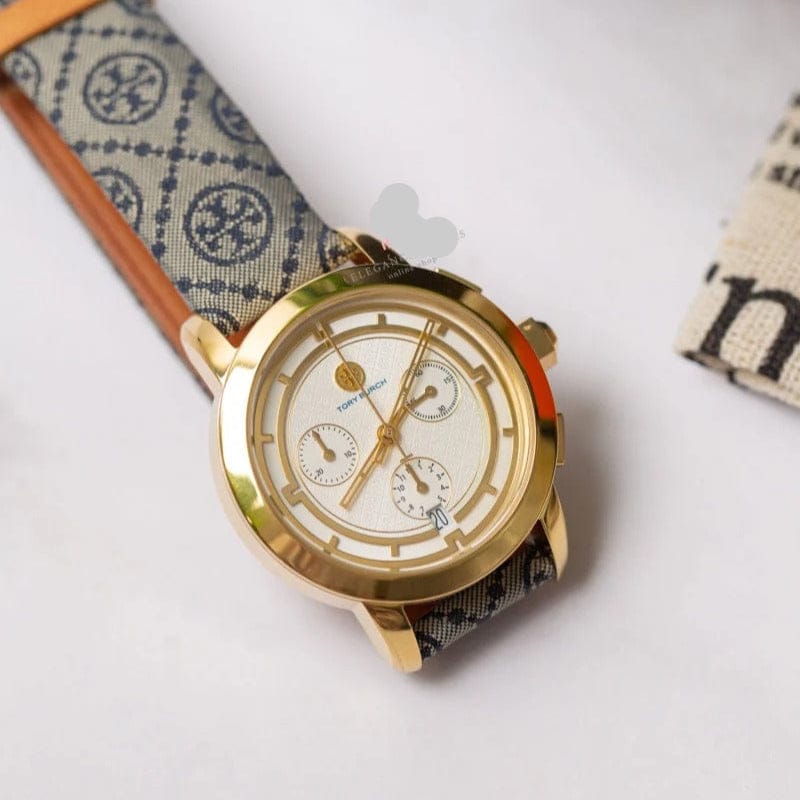 Tory Burch Classic Chronograph White Dial Grey Nylon Strap Watch for Women - TBW1035