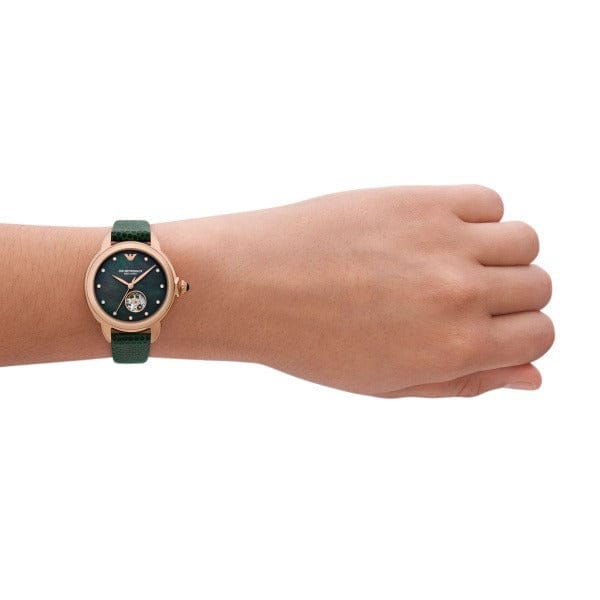 Emporio Armani Mia Meccanico Mother of Pearl Dial Green Leather Strap Watch for Women - AR60073