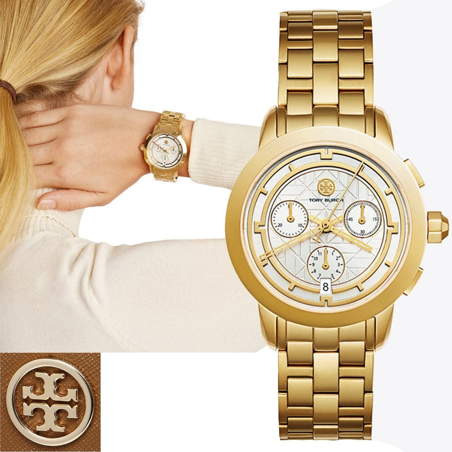 Tory Burch Classic Chronograph White Dial Gold Steel Strap Watch for Women - TBW1032