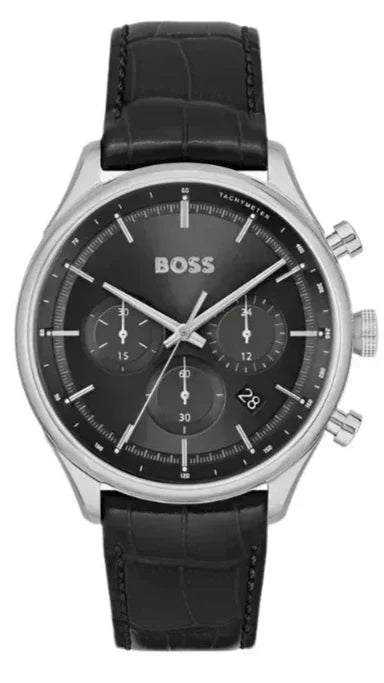 Hugo Boss Gregor Chronograph Black Dial Black Leather Strap Watch for Men - 1514049
