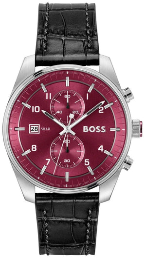 Hugo Boss Skytraveller Chronograph Burgundy Red Dial Black Leather Strap Watch for Men - 1514193