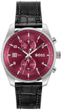 Hugo Boss Skytraveller Chronograph Burgundy Red Dial Black Leather Strap Watch for Men - 1514193