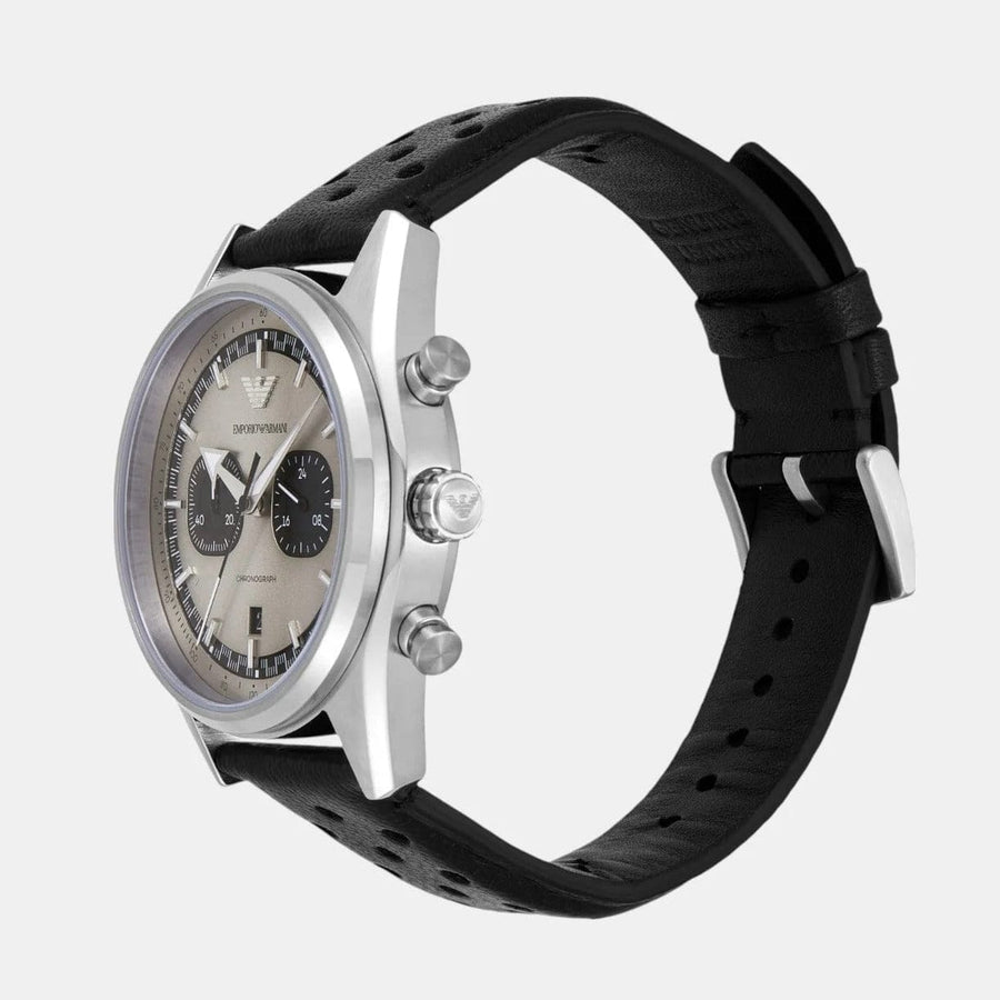 Emporio Armani Racer Chronograph Silver Dial Black Leather Strap Watch for Men - AR11677