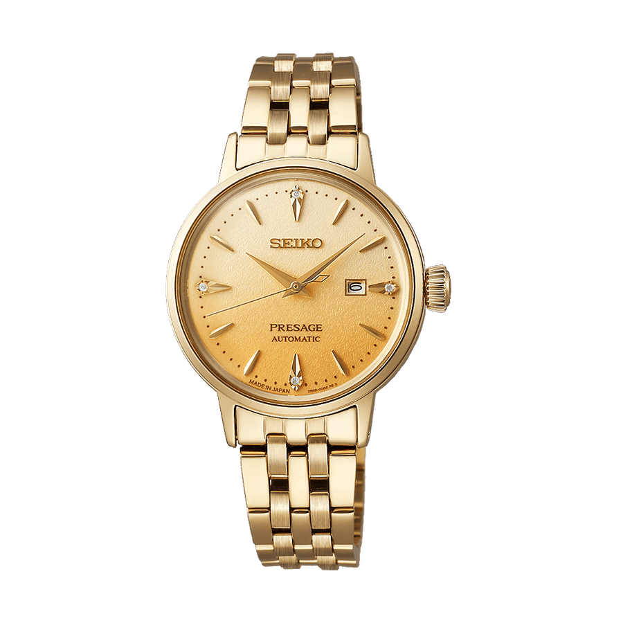 Seiko Presage Cocktail Time Automatic Diamonds Gold Dial Gold Steel Strap Watch for Women - SRE018J1