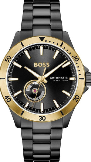 Hugo Boss Troper Chronograph Automatic Black Dial Black Steel Strap Watch for Men - 1514203