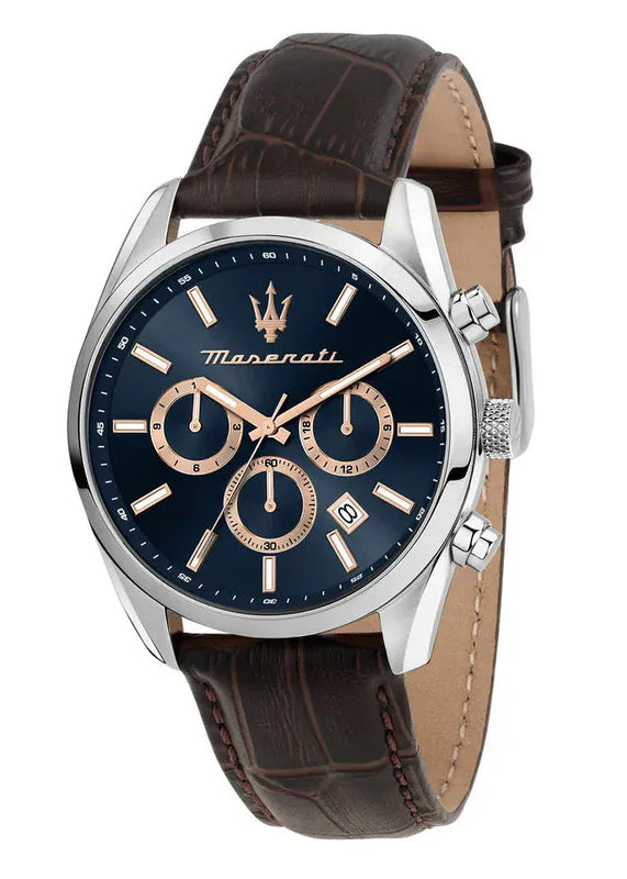 Maserati Attraction Limited Edition Chronograph Blue Dial Brown Leather Strap Watch for Men - R8851151003