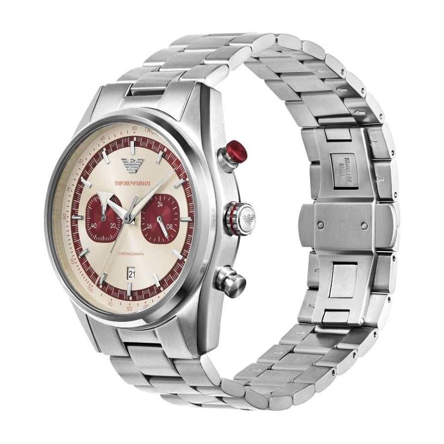 Emporio Armani Racer Chronograph White Dial Silver Steel Strap Watch for Men - AR11645