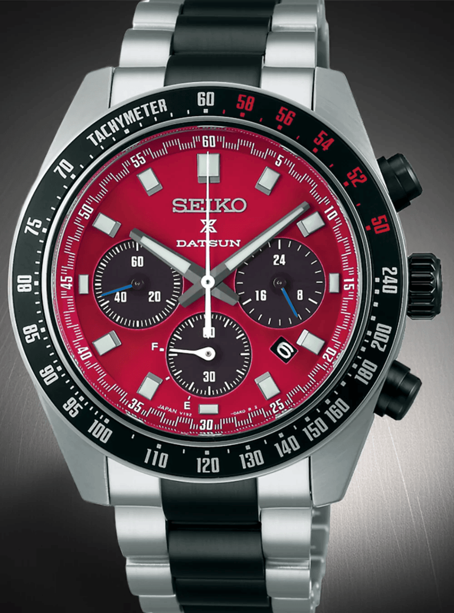 Seiko Prospex Speedtimer Solar Chronograph Datsun 240Z Collaboration Limited Edition Red Dial Two Tone Steel Strap Watch for Men - SBDL123
