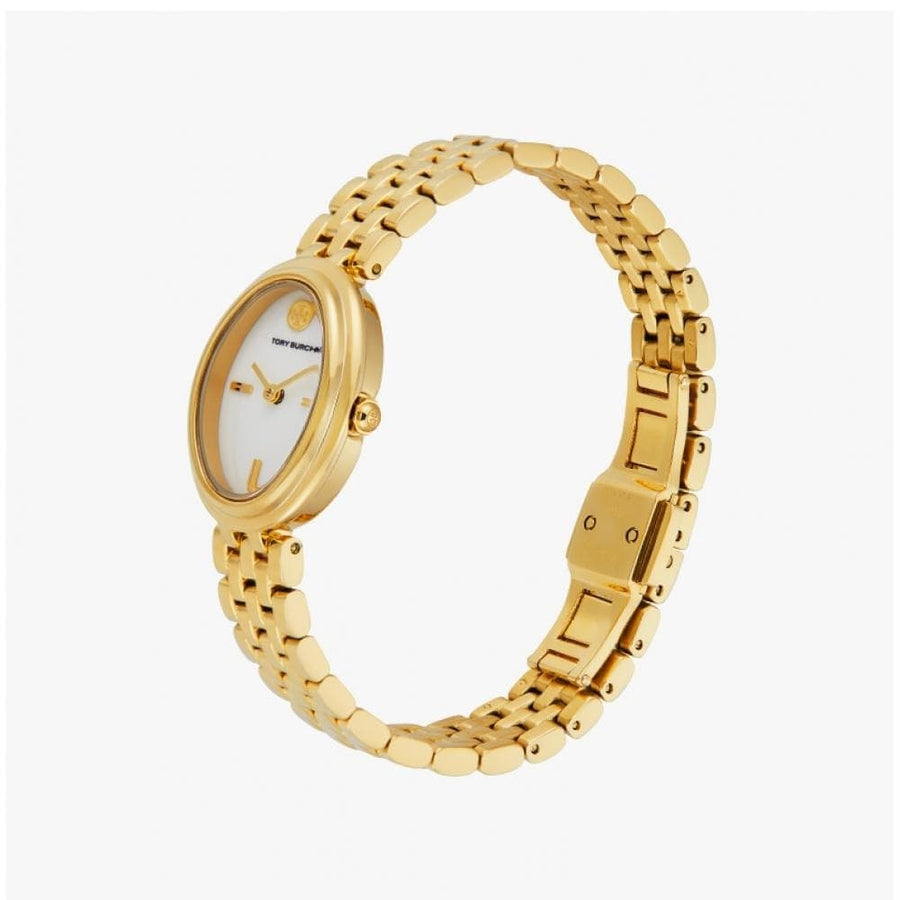 Tory Burch Oval White Dial Gold Steel Strap Watch for Women - TBW6032