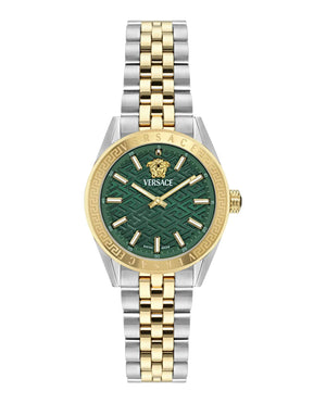 Versace V-Code Analog Green Dial Two Tone Steel Strap Watch for Women - VE8I00424
