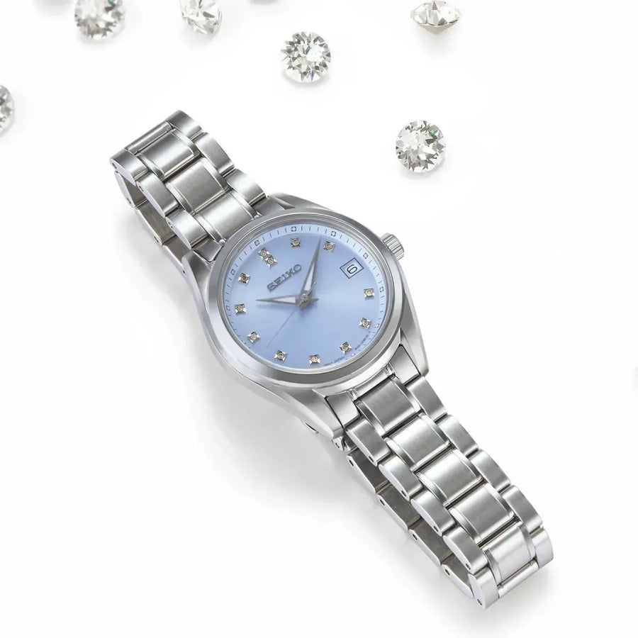 Seiko Diamond Blue Dial Silver Steel Strap Watch for Women - SUR581P1
