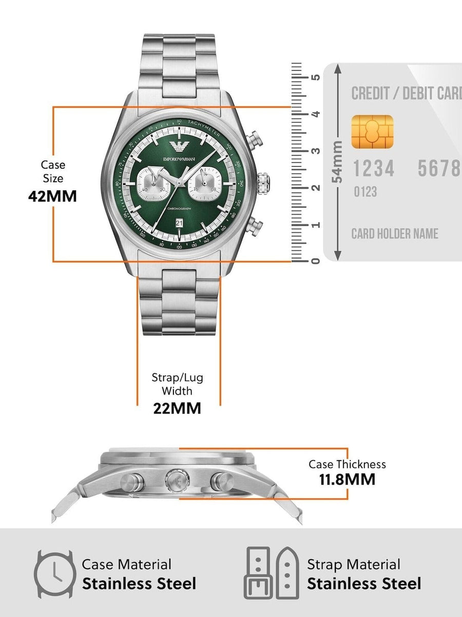 Emporio Armani Racer Chronograph Green Dial Silver Steel Strap Watch for Men - AR11637