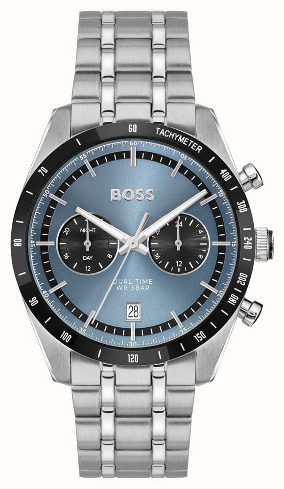 Hugo Boss Tourmaster Chronograph Blue Dial Silver Steel Strap Watch for Men - 1514286