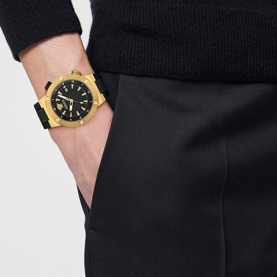 Versace Greca Logo Diver Quartz Black Dial Black Rubber Strap Watch for Men - VE8G00324