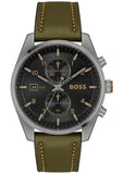 Hugo Boss Skytraveller Chronograph Black Dial Green Leather Strap Watch for Men - 1514148