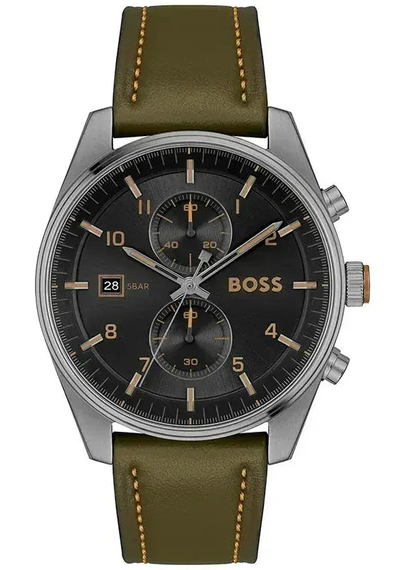Hugo Boss Skytraveller Chronograph Black Dial Green Leather Strap Watch for Men - 1514148
