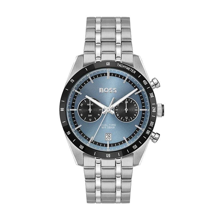 Hugo Boss Tourmaster Chronograph Blue Dial Silver Steel Strap Watch for Men - 1514286