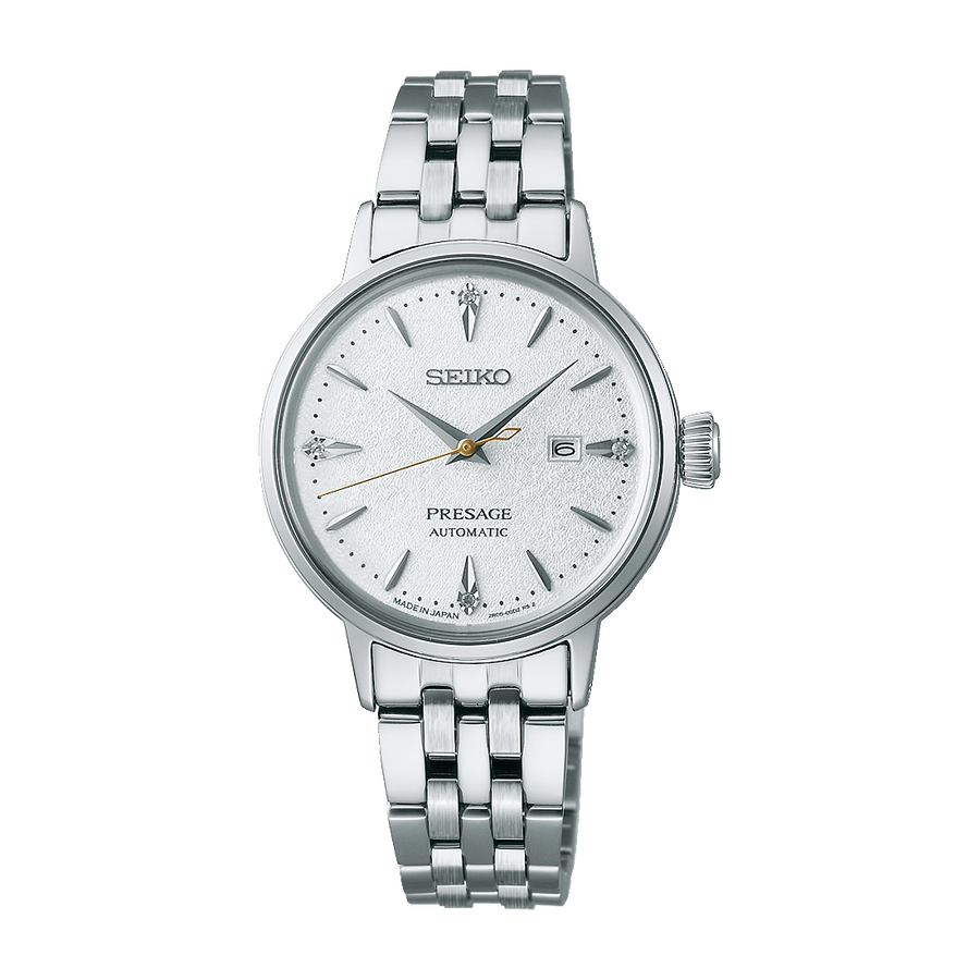 Seiko Presage Cocktail Time Automatic Diamonds White Dial Silver Steel Strap Watch for Women - SRE017J1