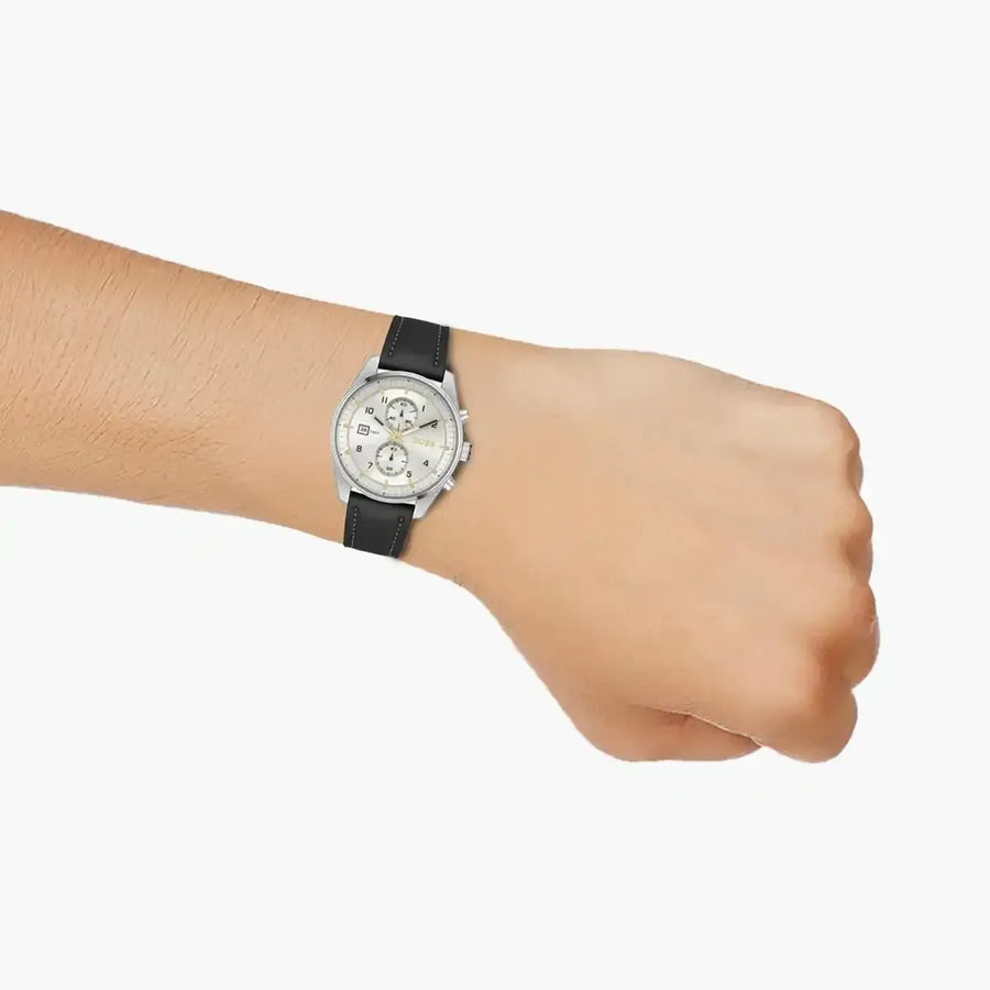 Hugo Boss Skytraveller Chronograph Silver Dial Black Leather Strap Watch for Men - 1514147