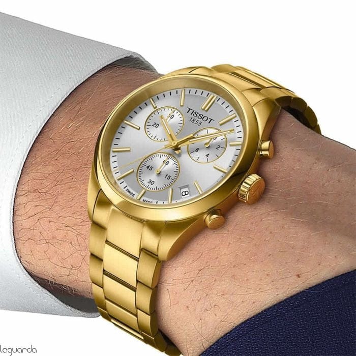 Tissot PR 100 Chronograph White Dial Gold Steel Strap Watch for Men - T150.417.33.031.00