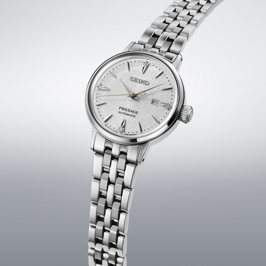 Seiko Presage Cocktail Time Automatic Diamonds White Dial Silver Steel Strap Watch for Women - SRE017J1