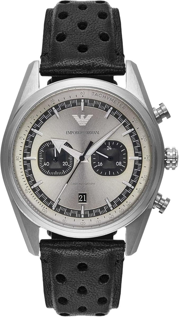 Emporio Armani Racer Chronograph Silver Dial Black Leather Strap Watch for Men - AR11677