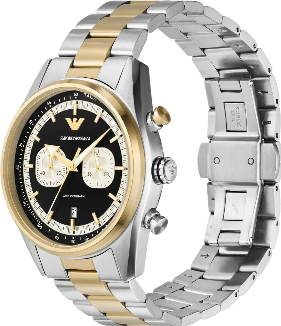Emporio Armani Racer Chronograph Black Dial Two Tone Steel Strap Watch for Men - AR11678