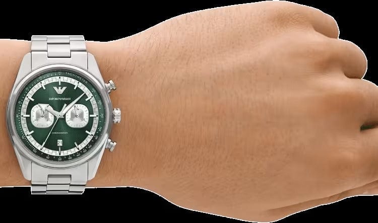 Emporio Armani Racer Chronograph Green Dial Silver Steel Strap Watch for Men - AR11637