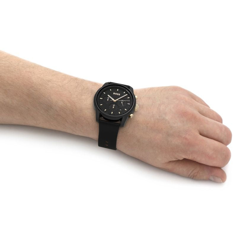 Hugo Boss Trace Chronograph Black Dial Black Leather Strap Watch for Men - 1514003