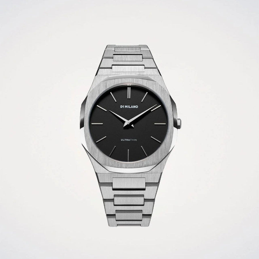 D1 Milano Ultra Thin Matte Black Dial Silver Steel Strap Watch for Men - D1-UTBJ40