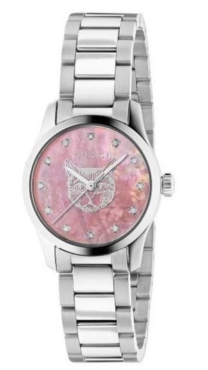 Gucci G Timeless Diamonds Pink Mother of Pearl Dial Silver Steel Strap Watch for Women - YA1265025