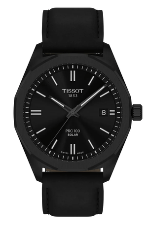 Tissot PRC 100 Solar Quartz Black Dial Black Leather Strap Watch for Men - T151.422.36.051.00
