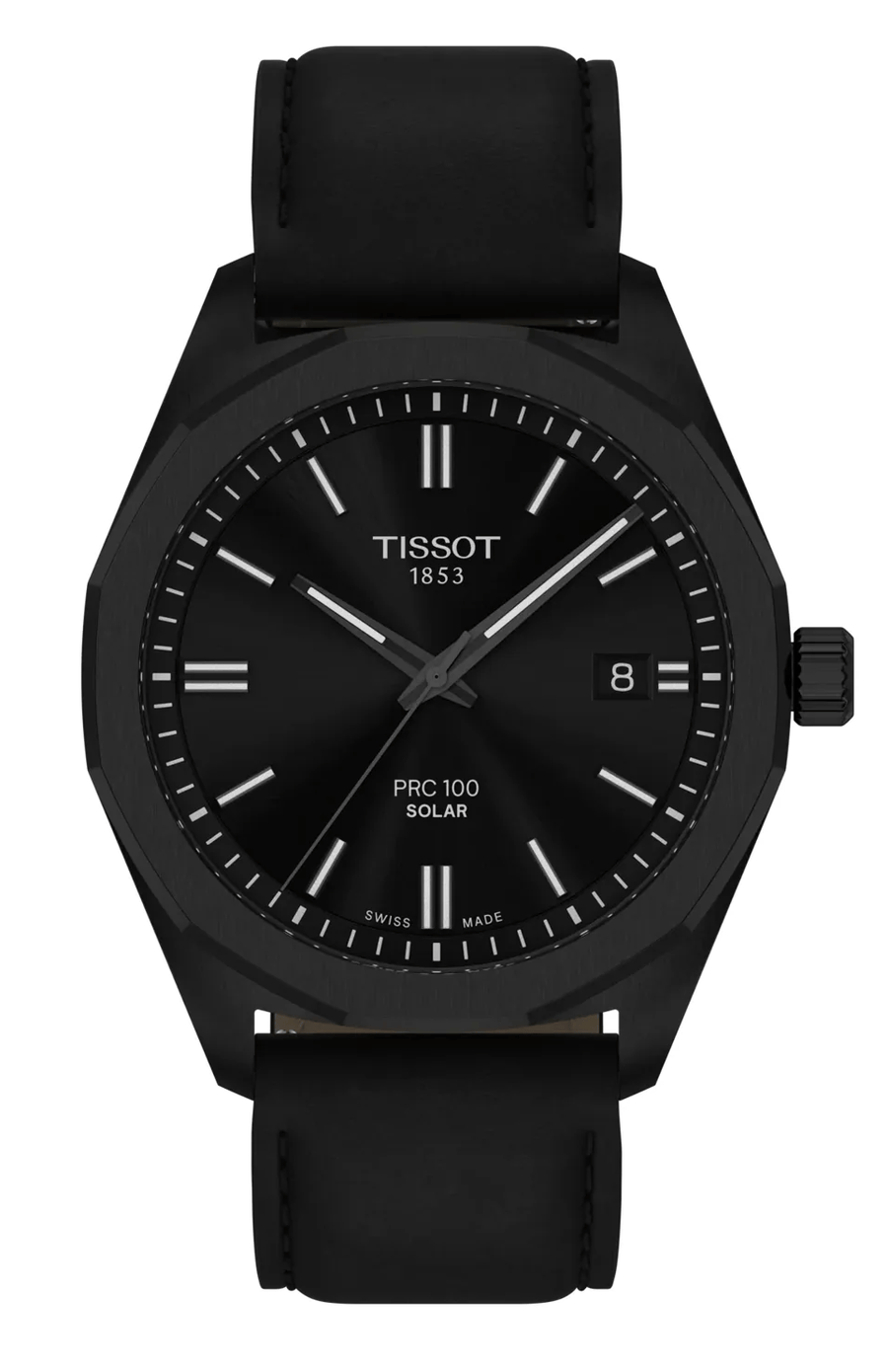 Tissot PRC 100 Solar Quartz Black Dial Black Leather Strap Watch for Men - T151.422.36.051.00