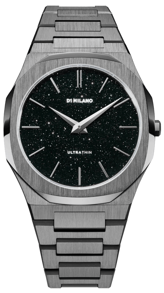 D1 Milano Ultra Thin Aventurine Black Dial Silver Steel Strap Watch for Men - D1-UTBJ29