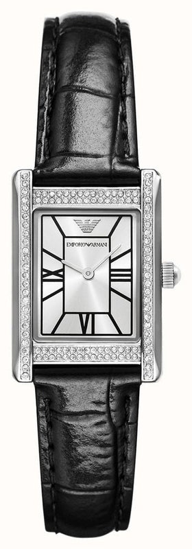 Emporio Armani Two Hand Crystals Silver Dial Black Leather Strap Watch for Women - AR11623