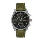 Hugo Boss Skytraveller Chronograph Black Dial Green Leather Strap Watch for Men - 1514148
